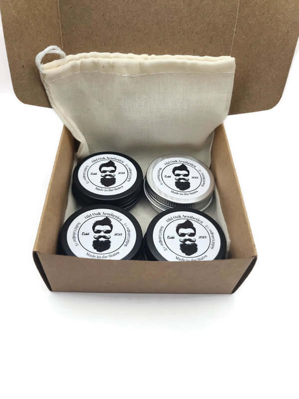 sample pack, 3 or 4 tins, 1/2oz tins, solid cologne, beard butter