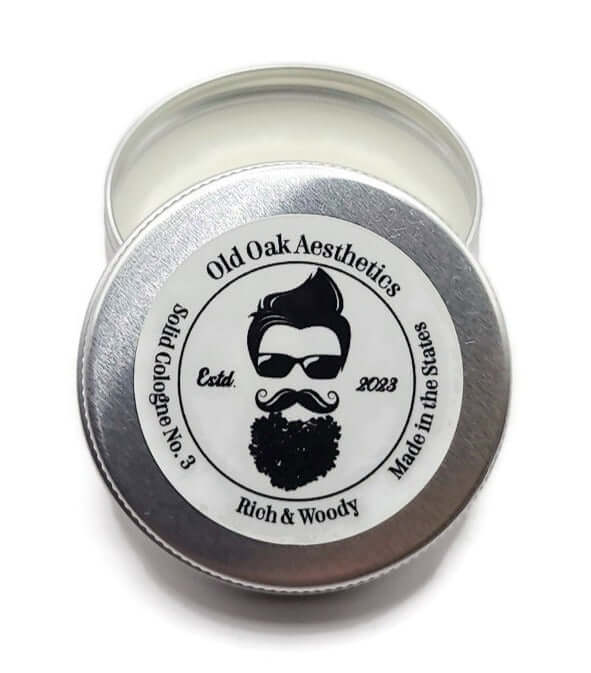 solid cologne, 1oz tin, rich & woody scent